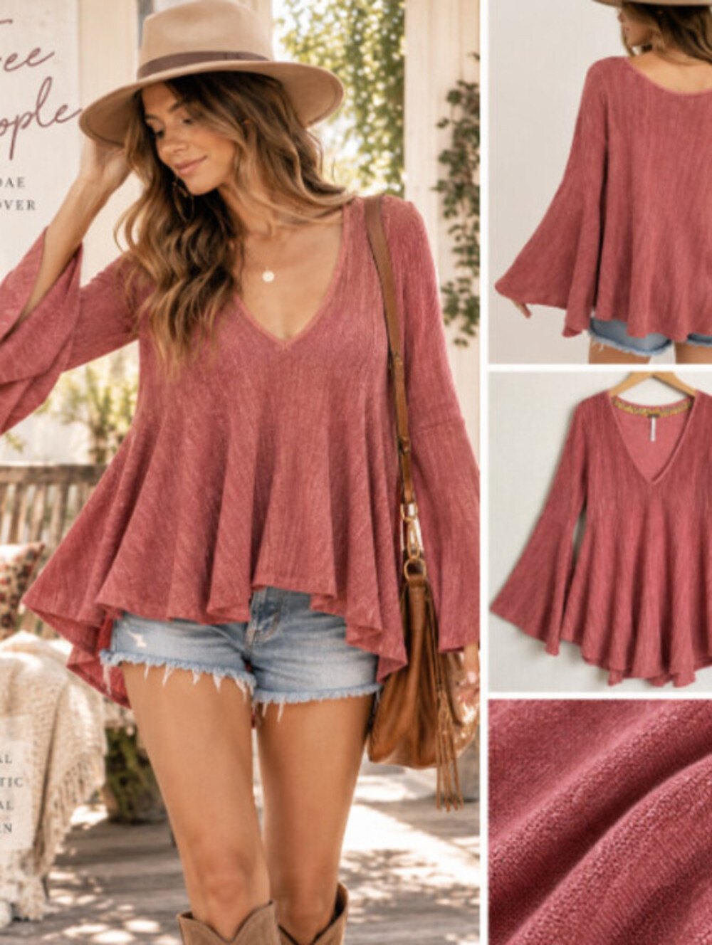 Free People Sundae Pullover Sweater Medium Rose Pink Bell Sleeve Linen Cotton